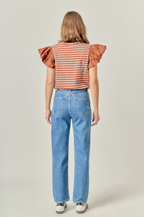 ENGLISH FACTORY - Stripe Knit with Poplin Puff Sleeve Top - TOPS available at Objectrare