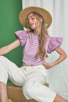 ENGLISH FACTORY - Stripe Knit with Poplin Puff Sleeve Top - TOPS available at Objectrare