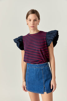 ENGLISH FACTORY - English Factory - Striped Knit with Poplin Puff Sleeve Top - TOPS available at Objectrare