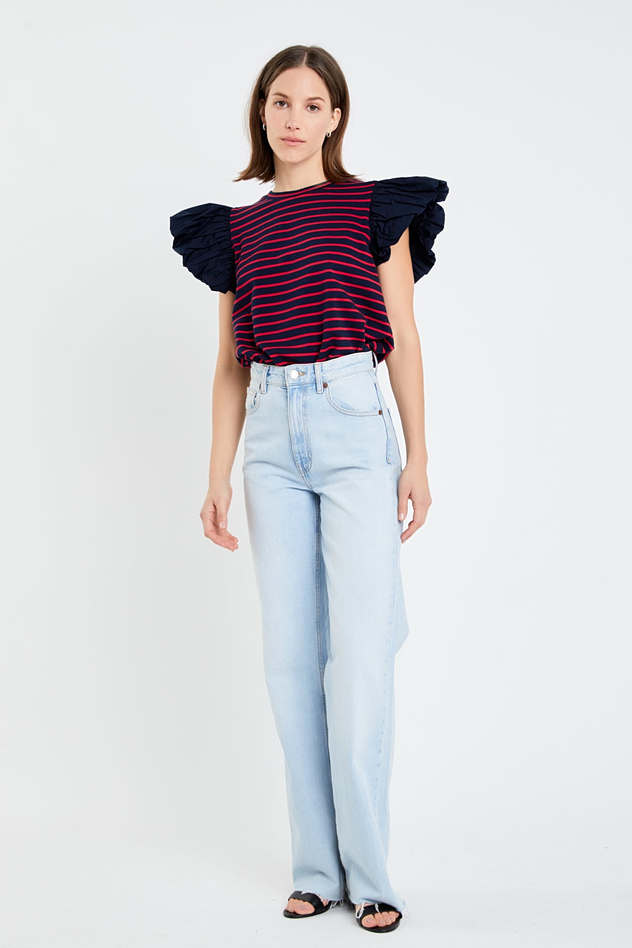 ENGLISH FACTORY - Stripe Knit with Poplin Puff Sleeve Top - TOPS available at Objectrare