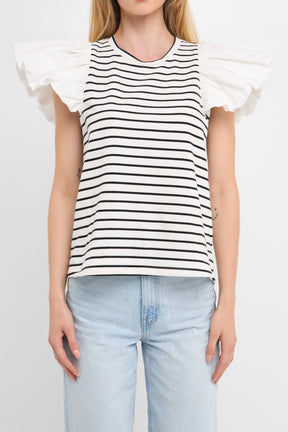 ENGLISH FACTORY - Stripe Knit with Poplin Puff Sleeve Top - TOPS available at Objectrare