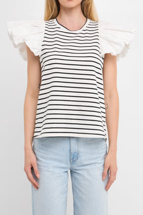 ENGLISH FACTORY - Stripe Knit with Poplin Puff Sleeve Top - TOPS available at Objectrare