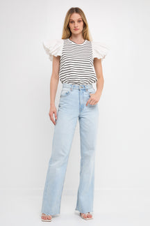 ENGLISH FACTORY - Stripe Knit with Poplin Puff Sleeve Top - TOPS available at Objectrare