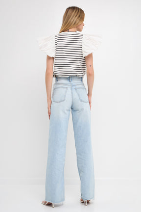 ENGLISH FACTORY - Stripe Knit with Poplin Puff Sleeve Top - TOPS available at Objectrare