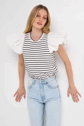 ENGLISH FACTORY - Stripe Knit with Poplin Puff Sleeve Top - TOPS available at Objectrare