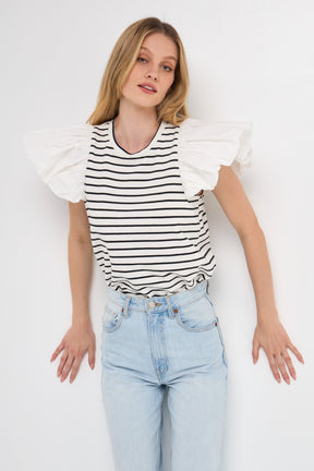 ENGLISH FACTORY - Stripe Knit with Poplin Puff Sleeve Top - TOPS available at Objectrare
