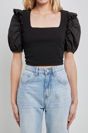 ENGLISH FACTORY - Mixed Media Puff Sleeve Knit Top - TOPS available at Objectrare