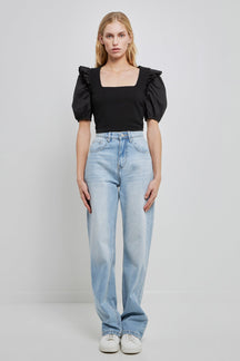 ENGLISH FACTORY - Mixed Media Puff Sleeve Knit Top - TOPS available at Objectrare