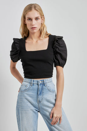 ENGLISH FACTORY - Mixed Media Puff Sleeve Knit Top - TOPS available at Objectrare
