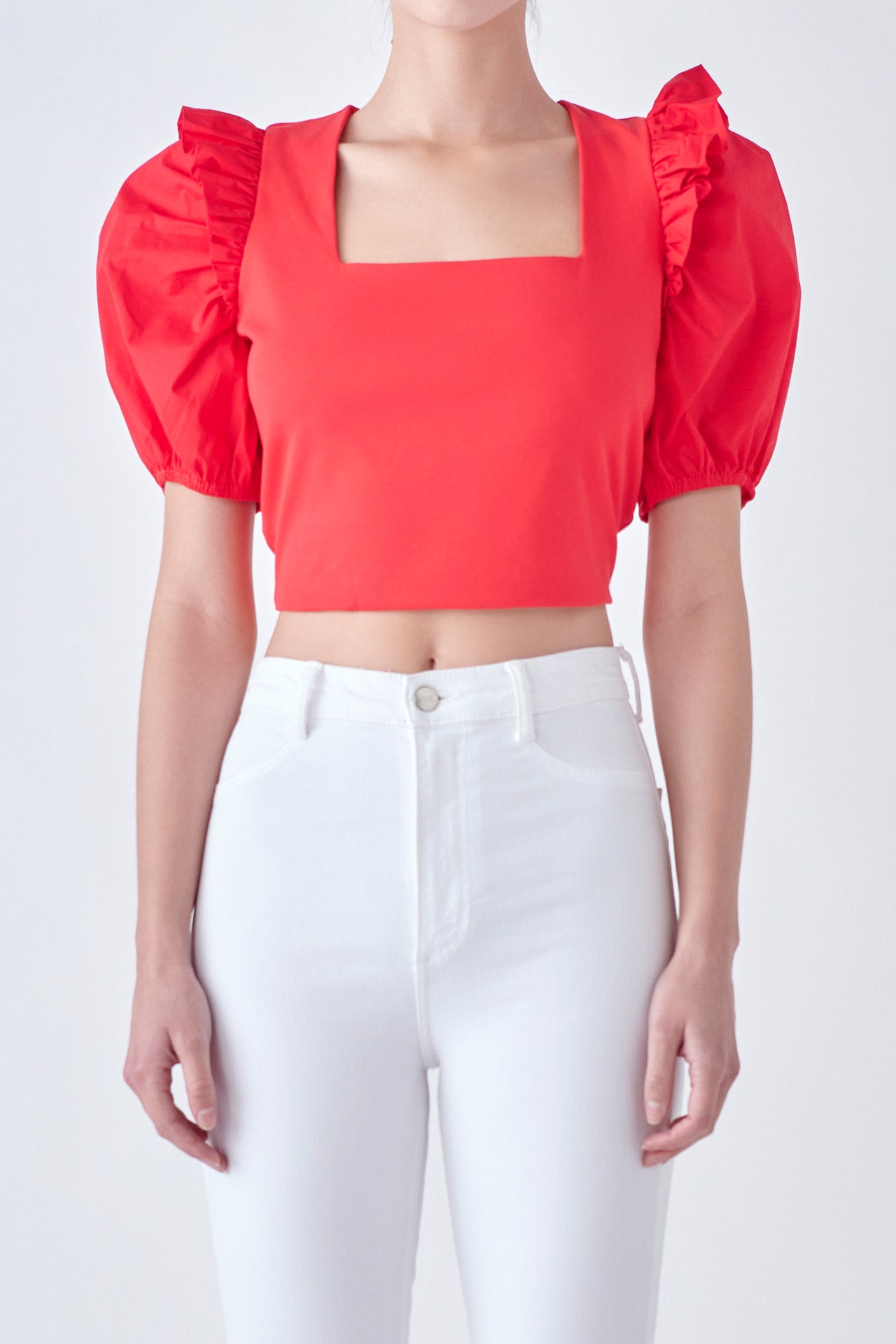 ENGLISH FACTORY - Mixed Media Puff Sleeve Knit Top - TOPS available at Objectrare
