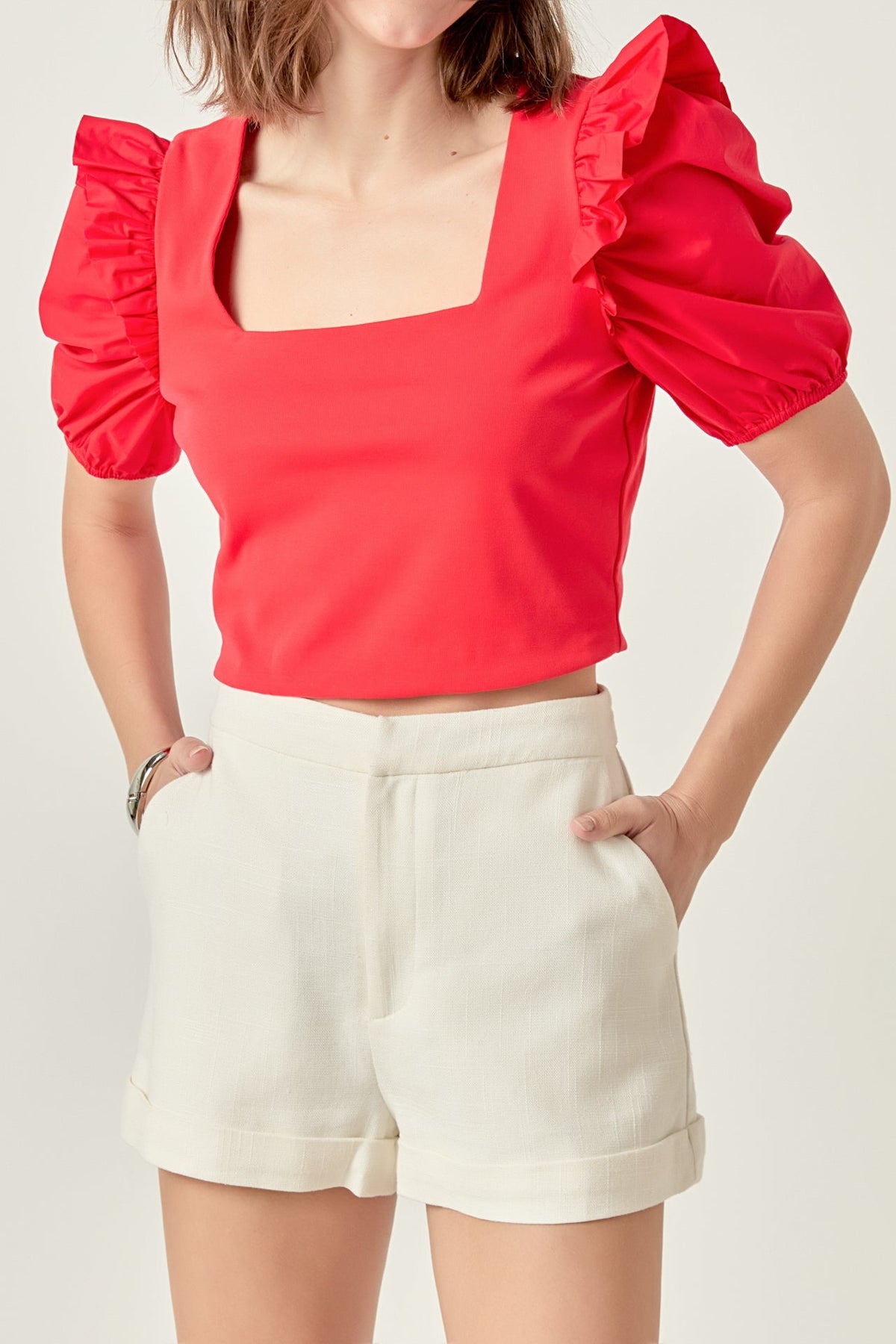ENGLISH FACTORY - Mixed Media Puff Sleeve Knit Top - TOPS available at Objectrare