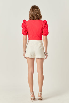 ENGLISH FACTORY - Mixed Media Puff Sleeve Knit Top - TOPS available at Objectrare