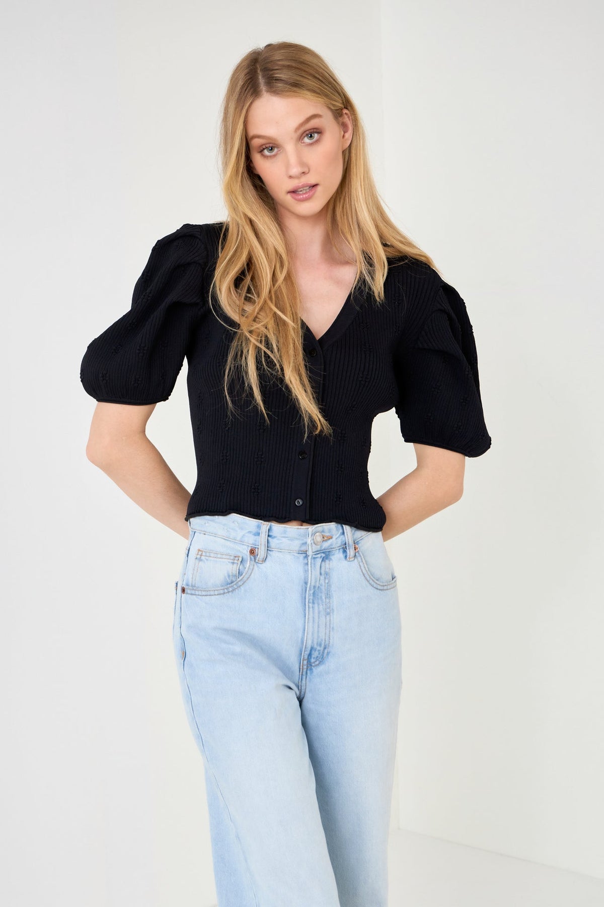 ENDLESS ROSE - Floral Puff Short Sleeve Cardigan - SWEATERS & KNITS available at Objectrare
