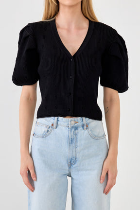 ENDLESS ROSE - Floral Puff Short Sleeve Cardigan - SWEATERS & KNITS available at Objectrare