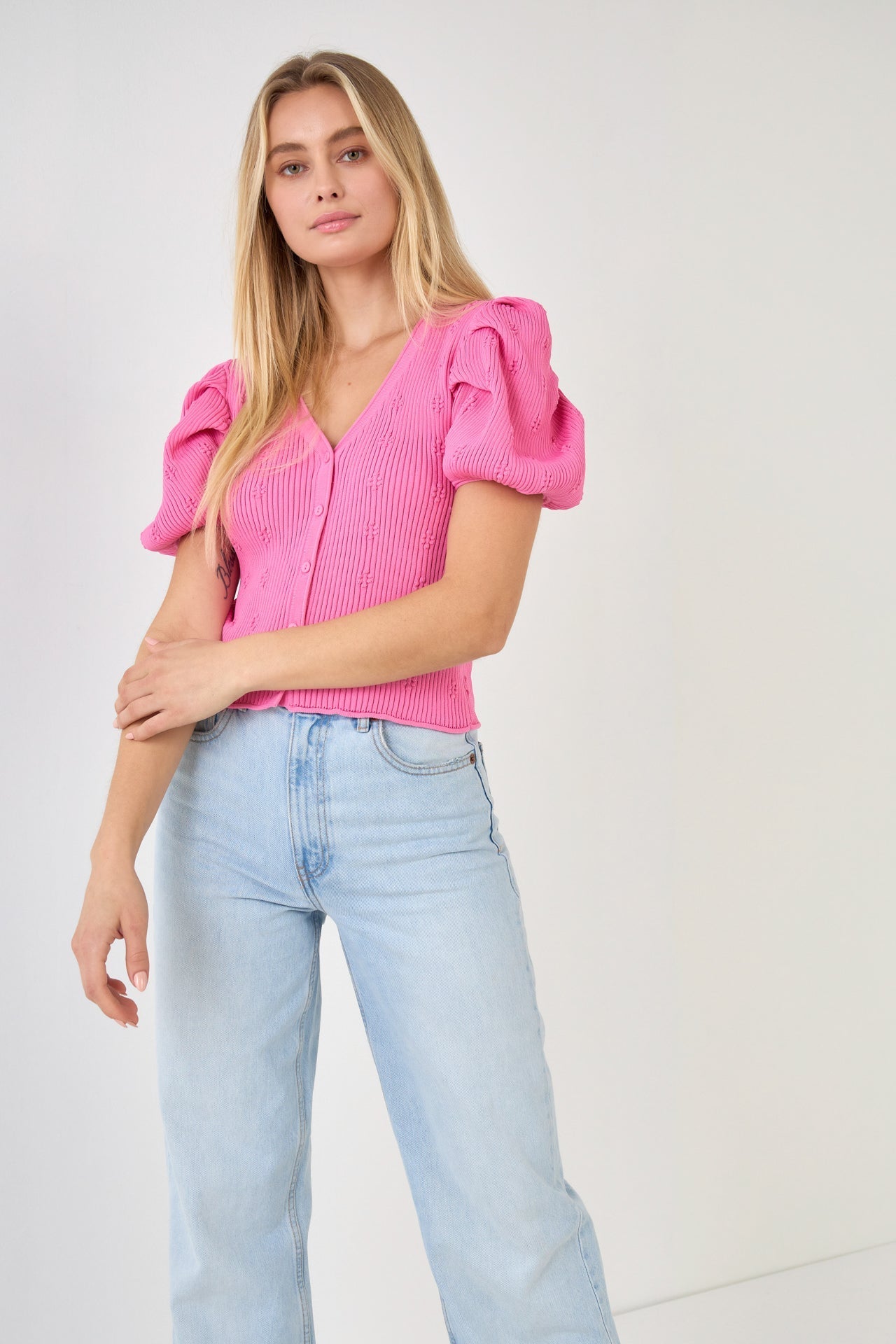 ENDLESS ROSE - Floral Puff Short Sleeve Cardigan - SWEATERS & KNITS available at Objectrare