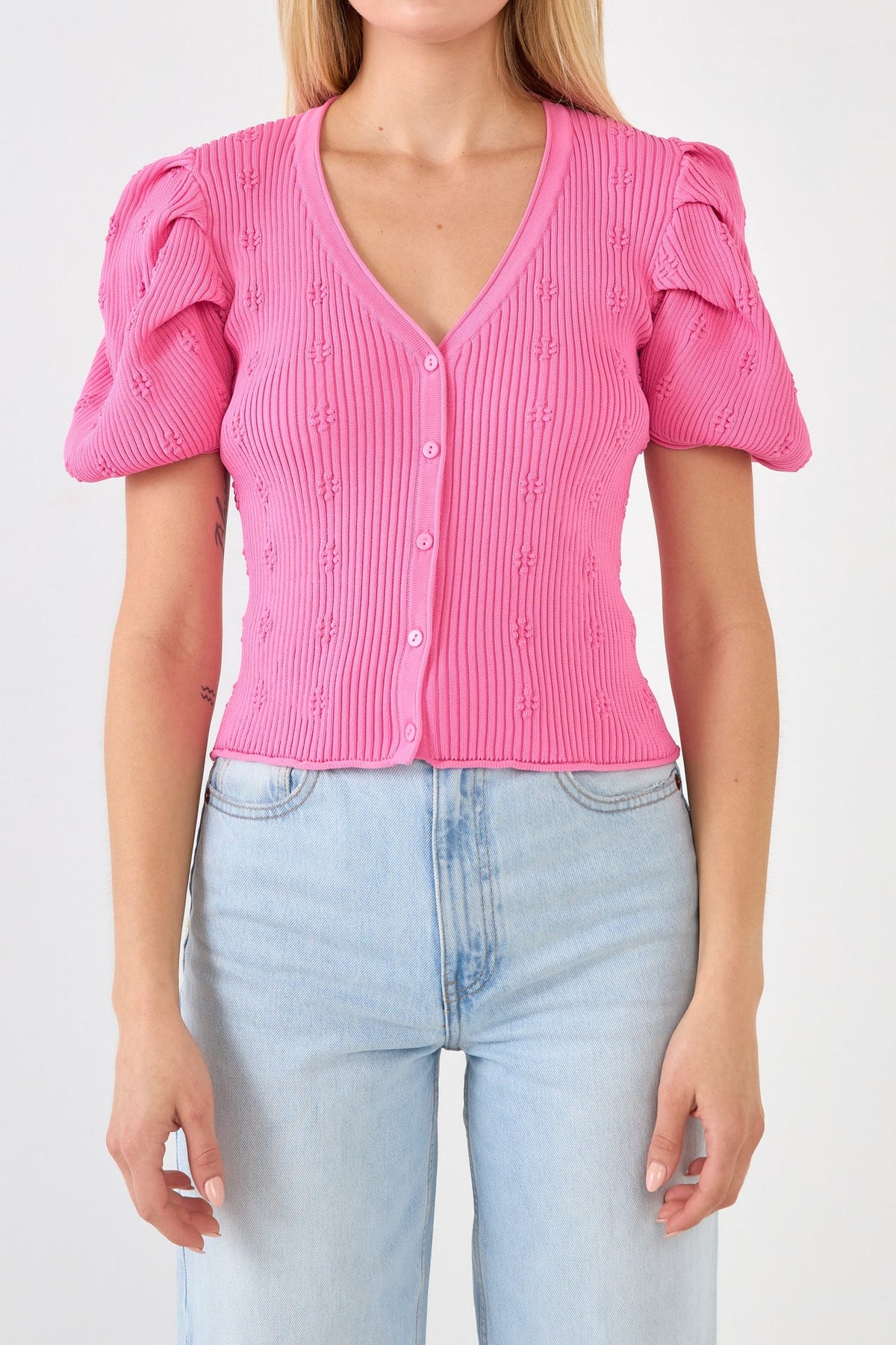 ENDLESS ROSE - Floral Puff Short Sleeve Cardigan - SWEATERS & KNITS available at Objectrare