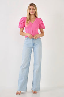 ENDLESS ROSE - Floral Puff Short Sleeve Cardigan - SWEATERS & KNITS available at Objectrare