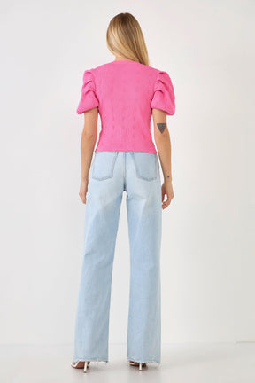 ENDLESS ROSE - Floral Puff Short Sleeve Cardigan - SWEATERS & KNITS available at Objectrare