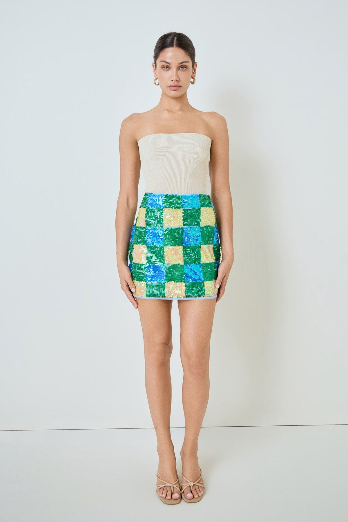 MARSY - Sequins Gingham Mini Skirt - SKIRTS available at Objectrare