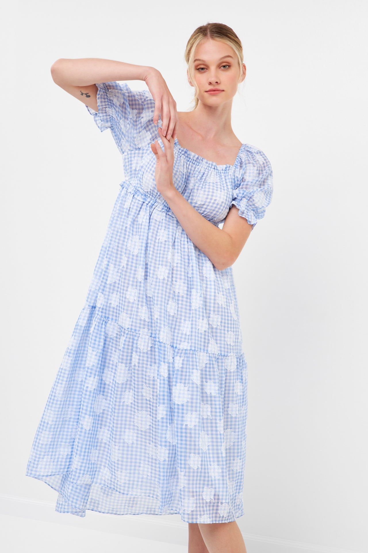 ENGLISH FACTORY - Floral Texture with Gingham Printed Midi Dress - DRESSES available at Objectrare