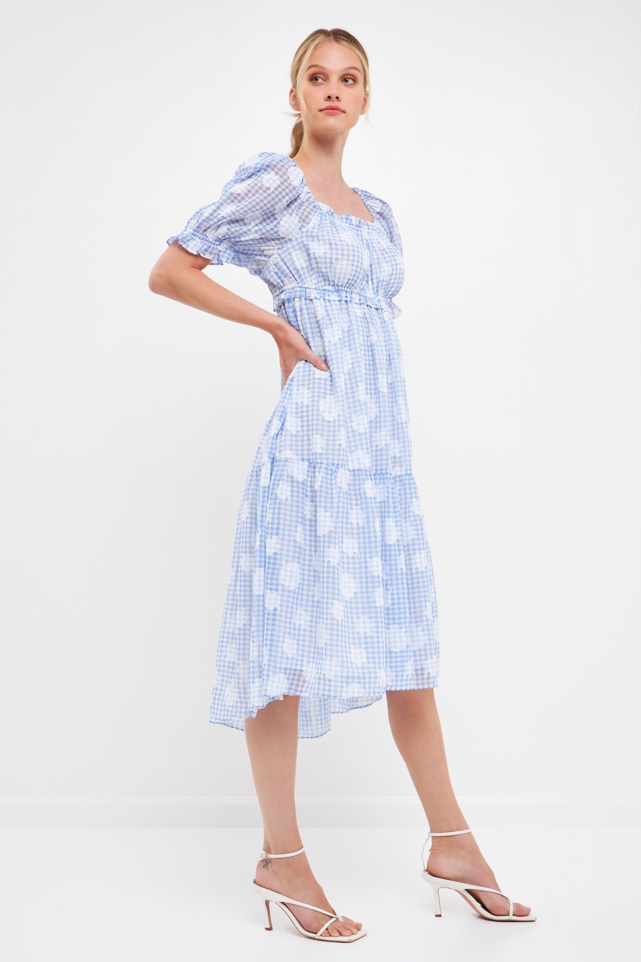ENGLISH FACTORY - Floral Texture with Gingham Printed Midi Dress - DRESSES available at Objectrare