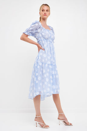 ENGLISH FACTORY - Floral Texture with Gingham Printed Midi Dress - DRESSES available at Objectrare