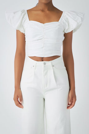 ENDLESS ROSE - Endless Rose - Shirring Detail Puff Sleeve Cropped Top - TOPS available at Objectrare