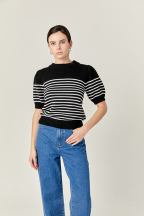 ENGLISH FACTORY - Stripe Short Puff Sleeve Sweater - SWEATERS & KNITS available at Objectrare