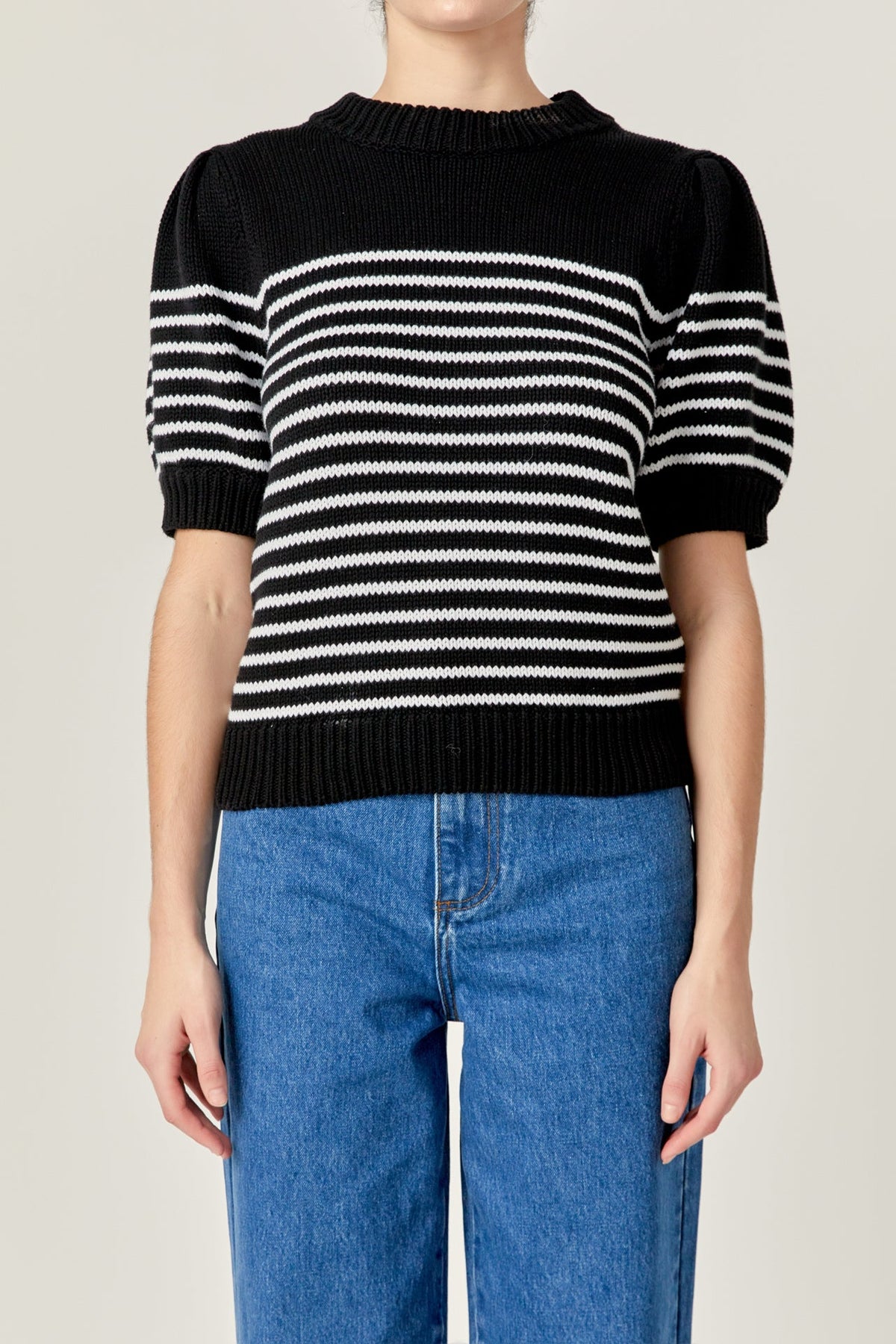 ENGLISH FACTORY - Stripe Short Puff Sleeve Sweater - SWEATERS & KNITS available at Objectrare