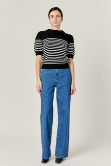 ENGLISH FACTORY - Stripe Short Puff Sleeve Sweater - SWEATERS & KNITS available at Objectrare