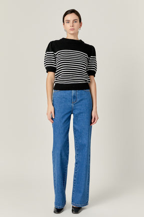 ENGLISH FACTORY - Stripe Short Puff Sleeve Sweater - SWEATERS & KNITS available at Objectrare