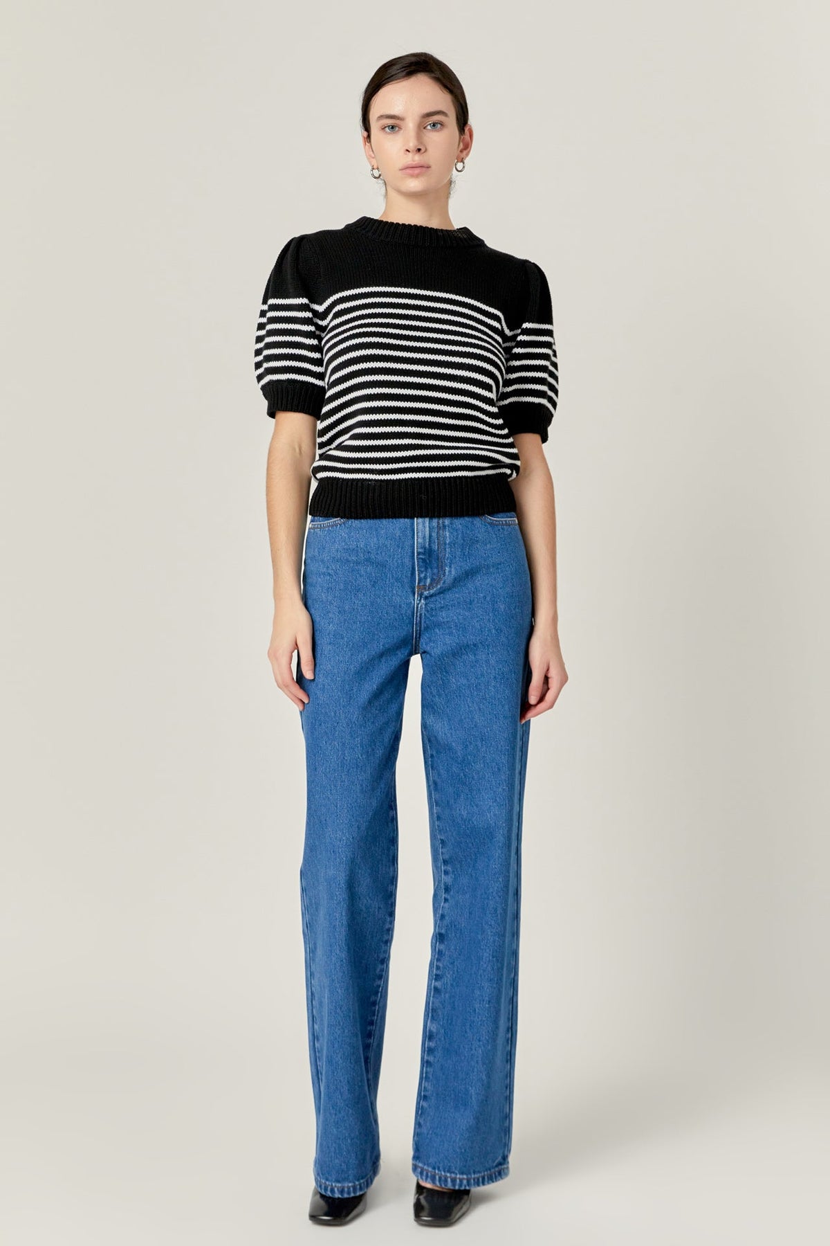 ENGLISH FACTORY - Stripe Short Puff Sleeve Sweater - SWEATERS & KNITS available at Objectrare