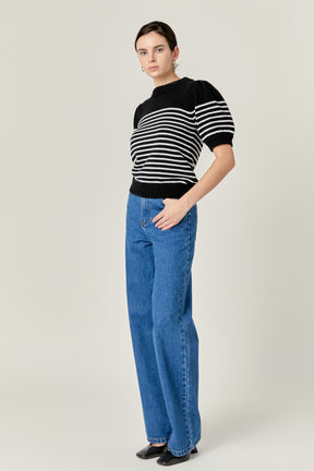 ENGLISH FACTORY - Stripe Short Puff Sleeve Sweater - SWEATERS & KNITS available at Objectrare