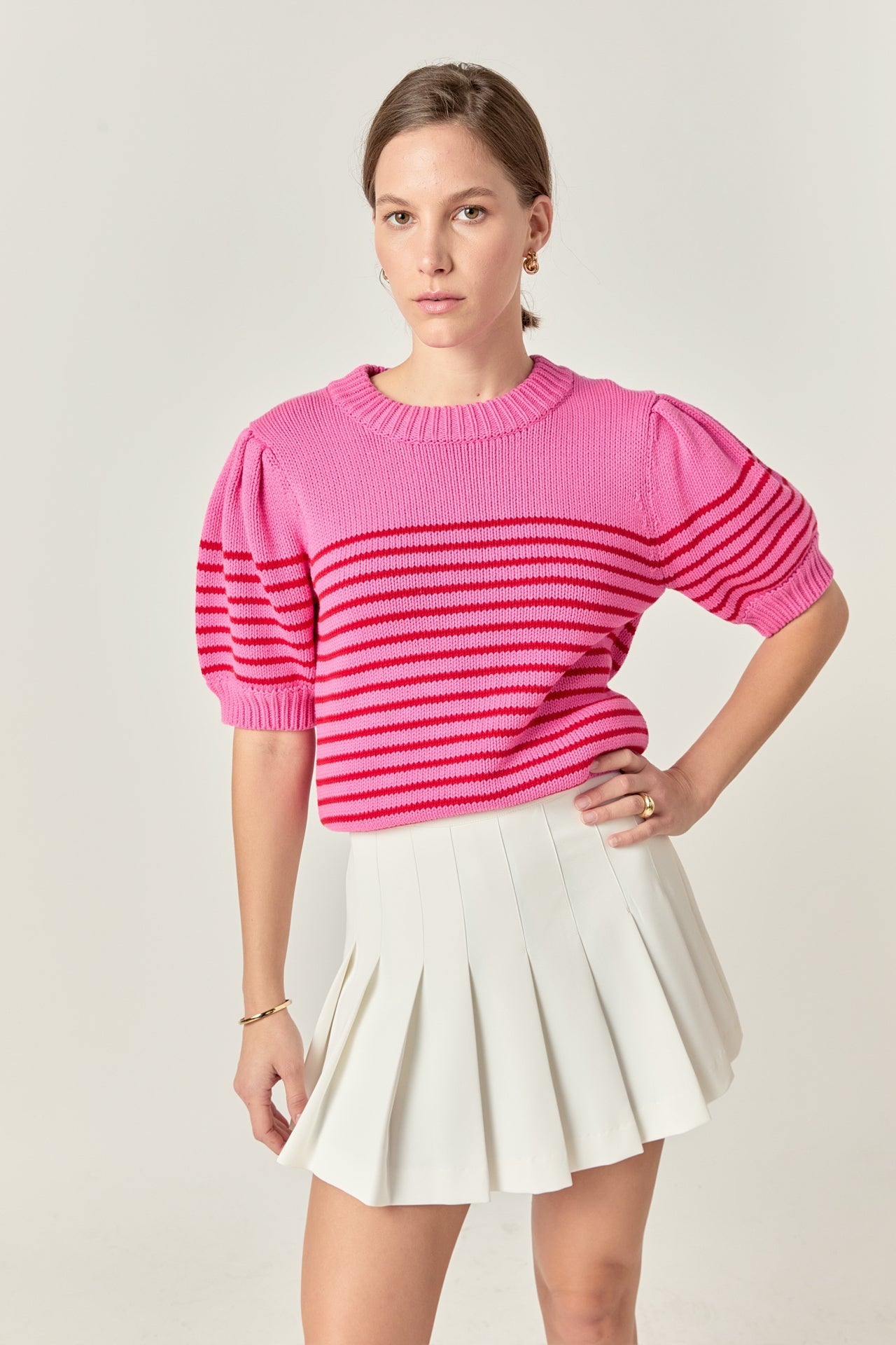 ENGLISH FACTORY - Stripe Short Puff Sleeve Sweater - SWEATERS & KNITS available at Objectrare