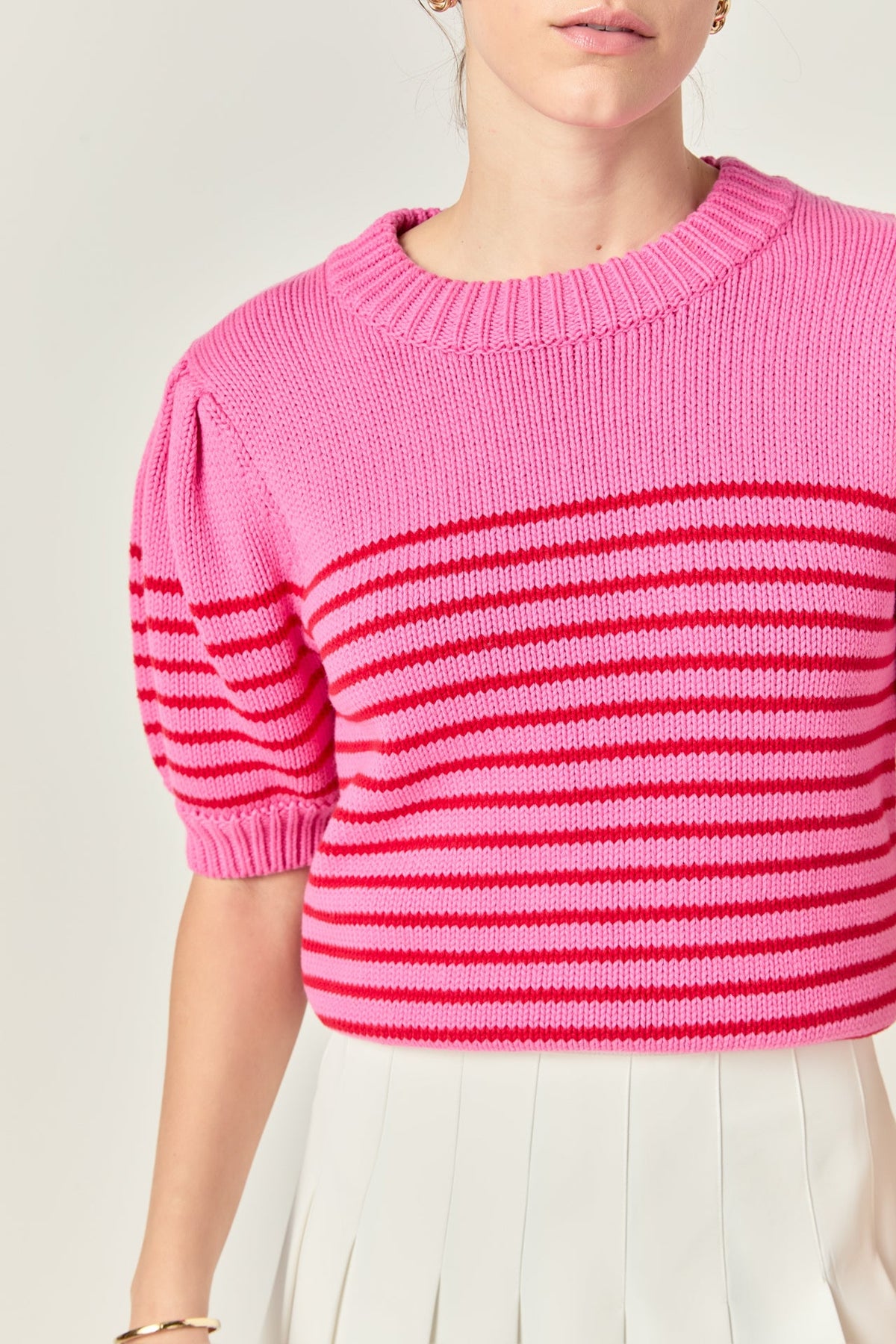 ENGLISH FACTORY - Stripe Short Puff Sleeve Sweater - SWEATERS & KNITS available at Objectrare
