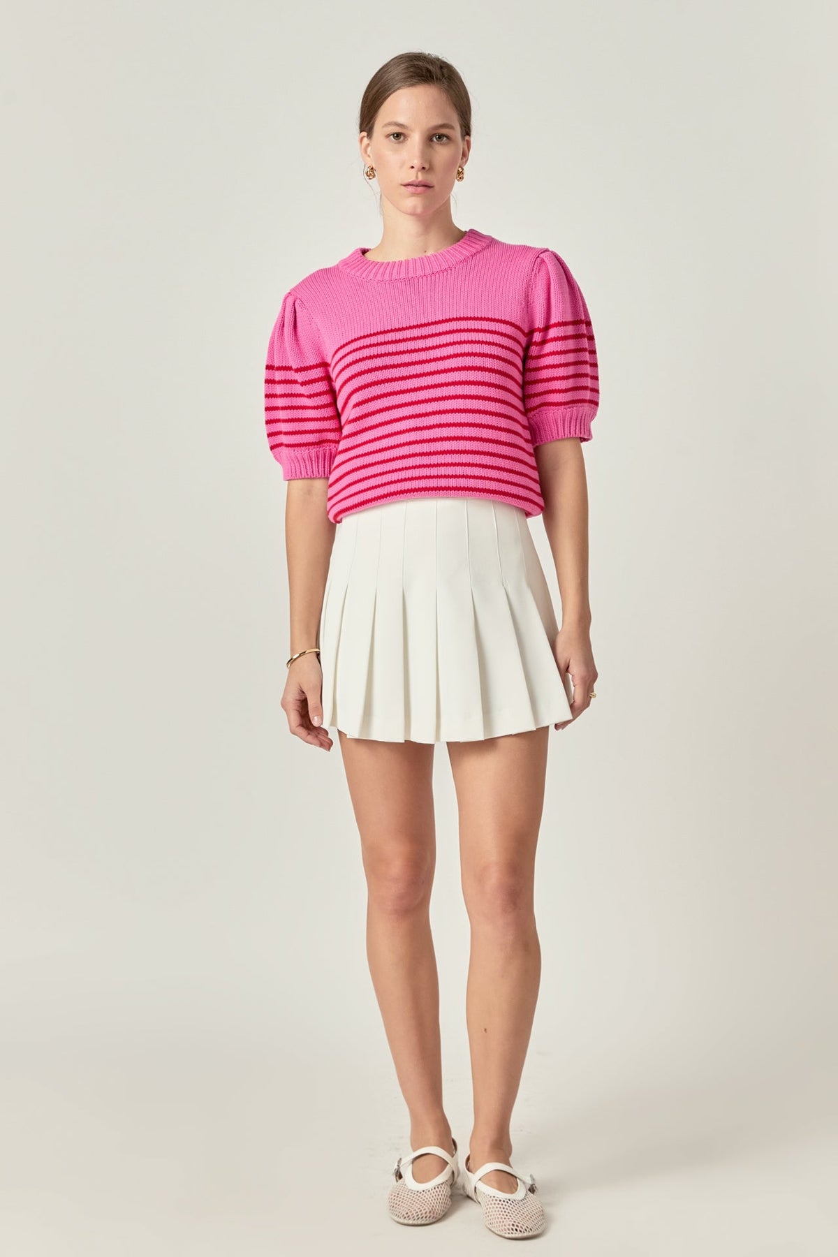 ENGLISH FACTORY - Stripe Short Puff Sleeve Sweater - SWEATERS & KNITS available at Objectrare