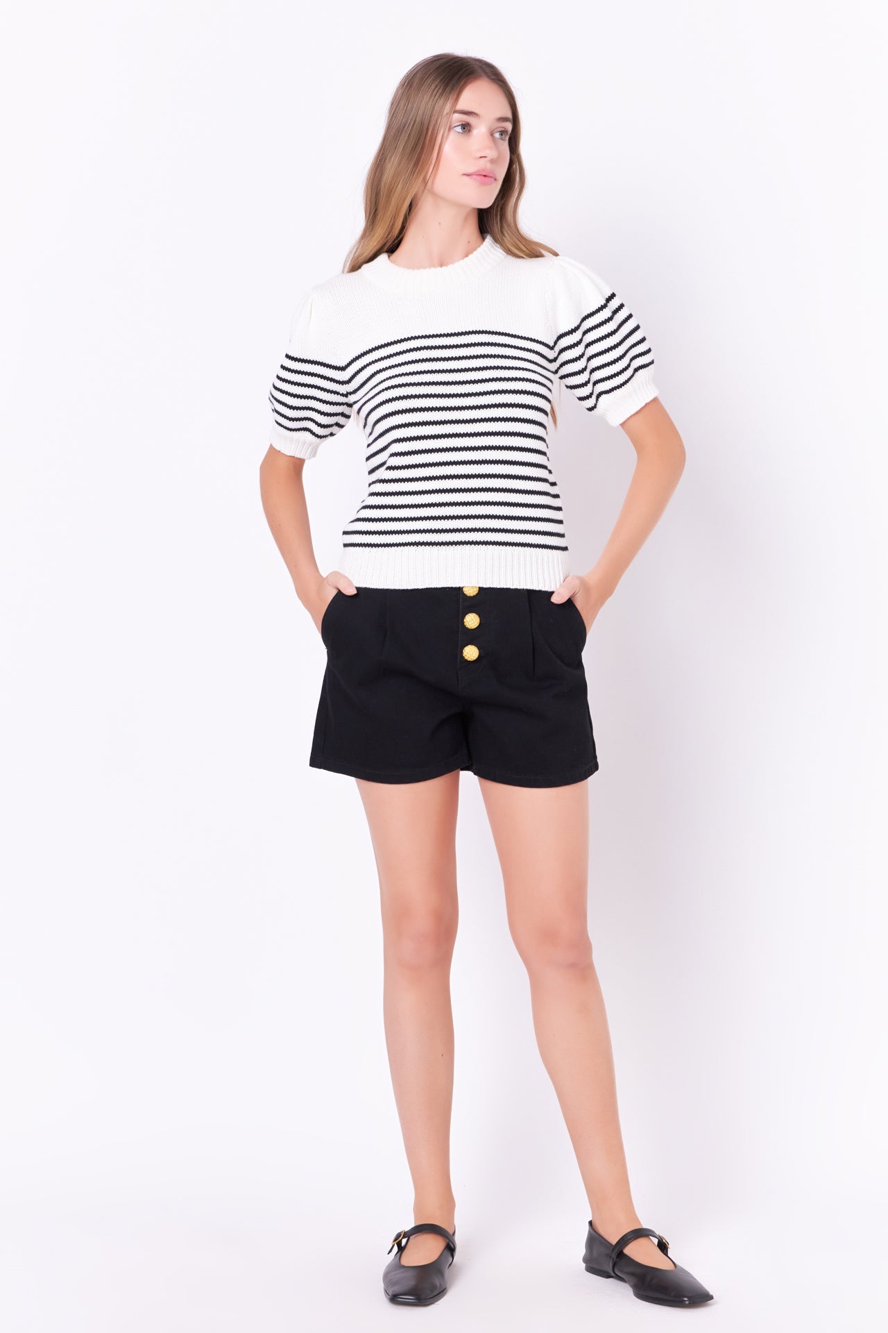 Stripe Short Puff Sleeve Sweater