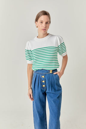 Stripe Short Puff Sleeve Sweater