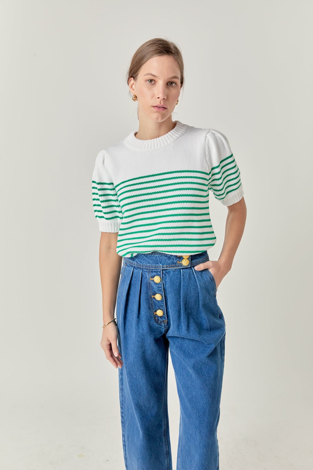 English Factory - Stripe Short Puff Sleeve Sweater