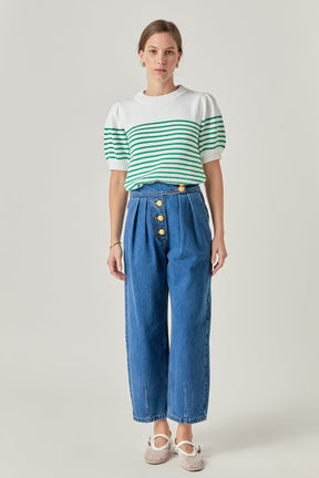 ENGLISH FACTORY - Stripe Short Puff Sleeve Sweater - SWEATERS & KNITS available at Objectrare