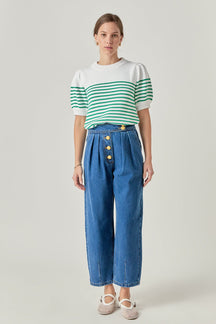 Stripe Short Puff Sleeve Sweater