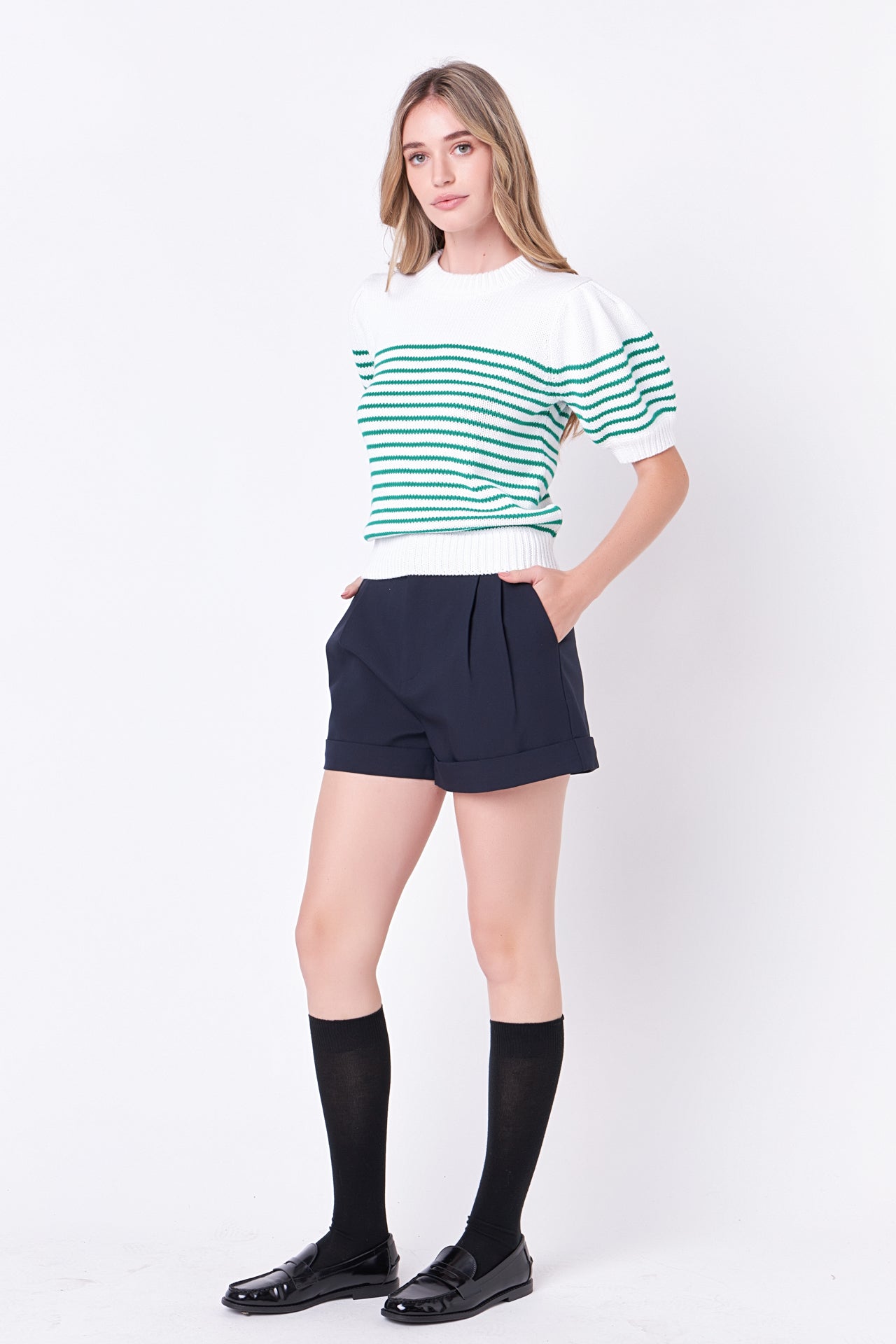 ENGLISH FACTORY - English Factory - Stripe Short Puff Sleeve Sweater - SWEATERS & KNITS available at Objectrare