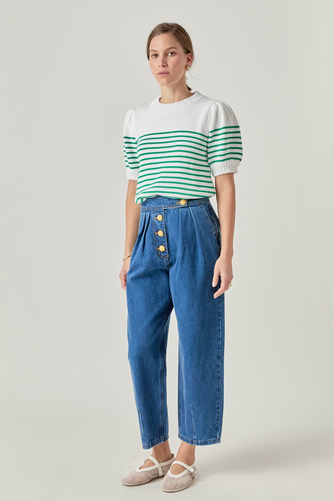 Stripe Short Puff Sleeve Sweater