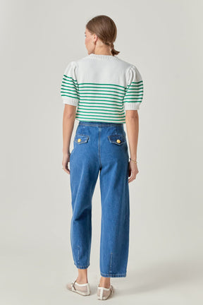 ENGLISH FACTORY - Stripe Short Puff Sleeve Sweater - SWEATERS & KNITS available at Objectrare