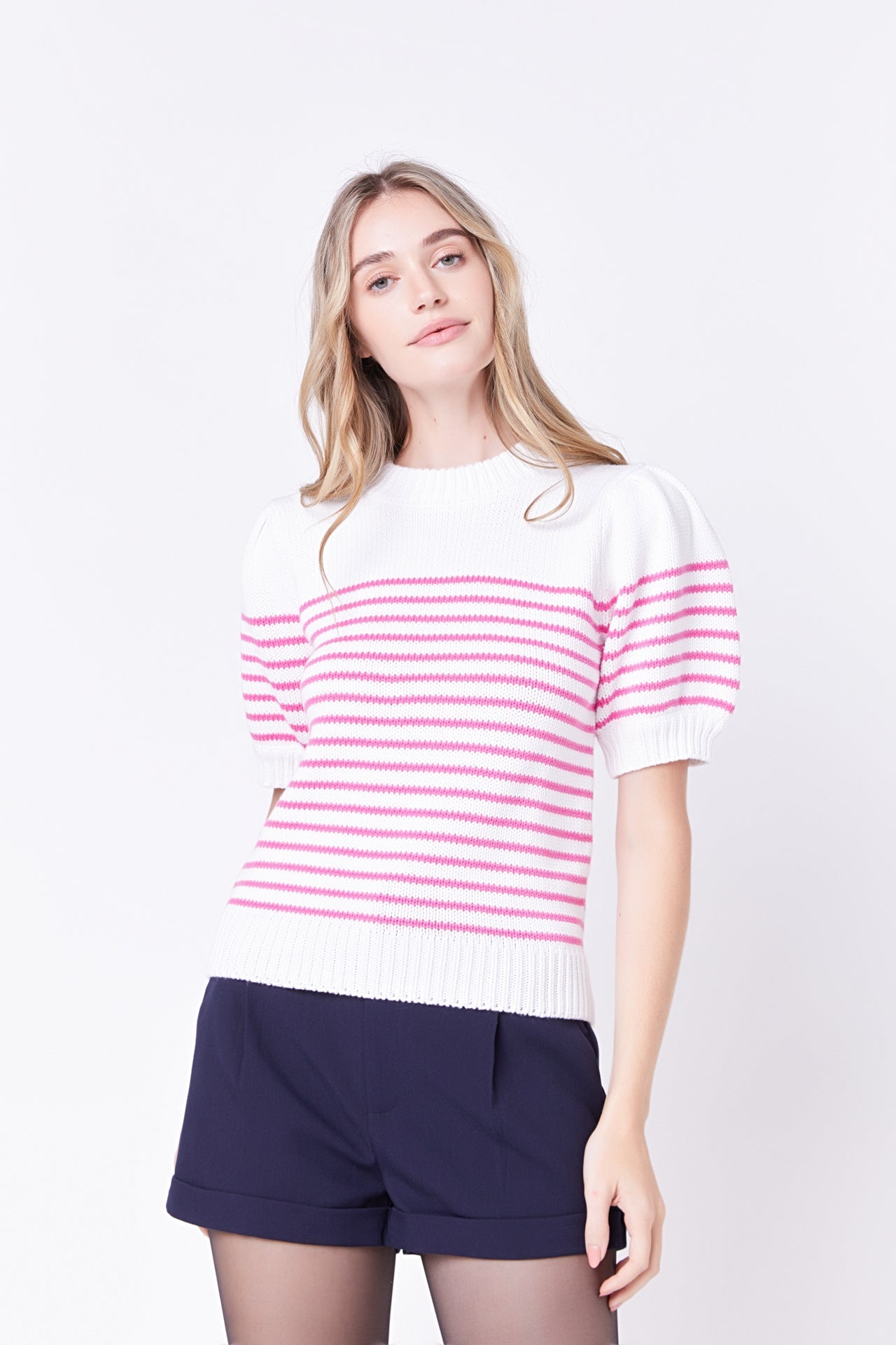 ENGLISH FACTORY - Stripe Short Puff Sleeve Sweater - SWEATERS & KNITS available at Objectrare