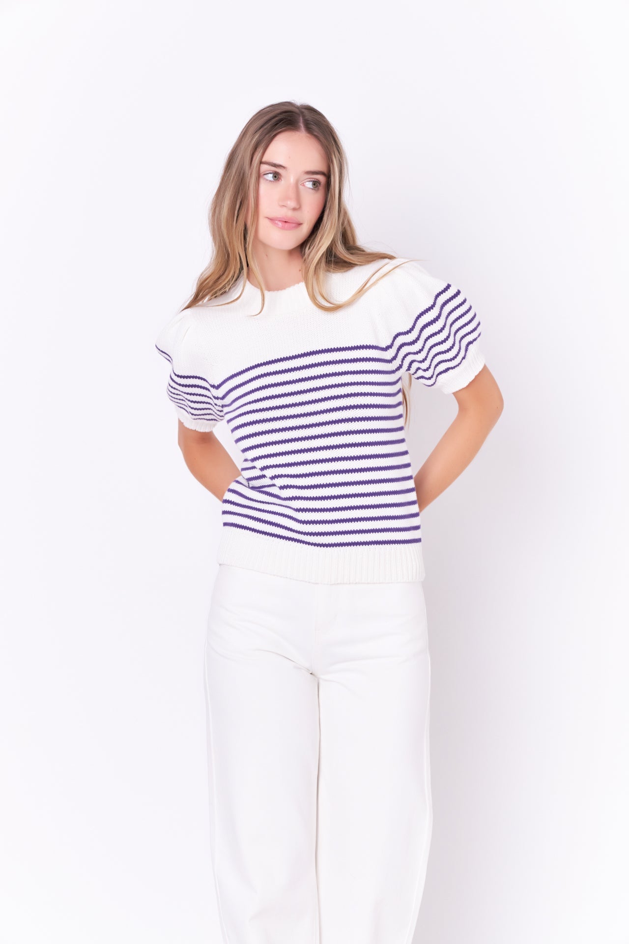 ENGLISH FACTORY - English Factory - Stripe Short Puff Sleeve Sweater - SWEATERS & KNITS available at Objectrare