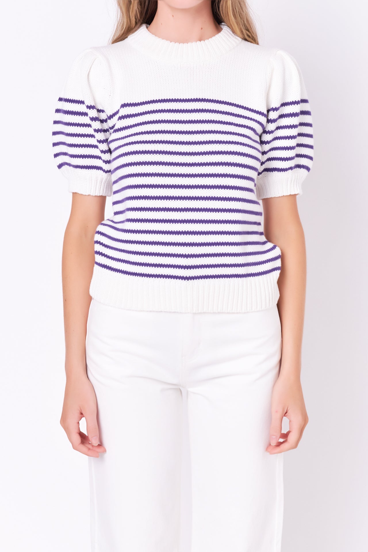 ENGLISH FACTORY - Stripe Short Puff Sleeve Sweater - SWEATERS & KNITS available at Objectrare