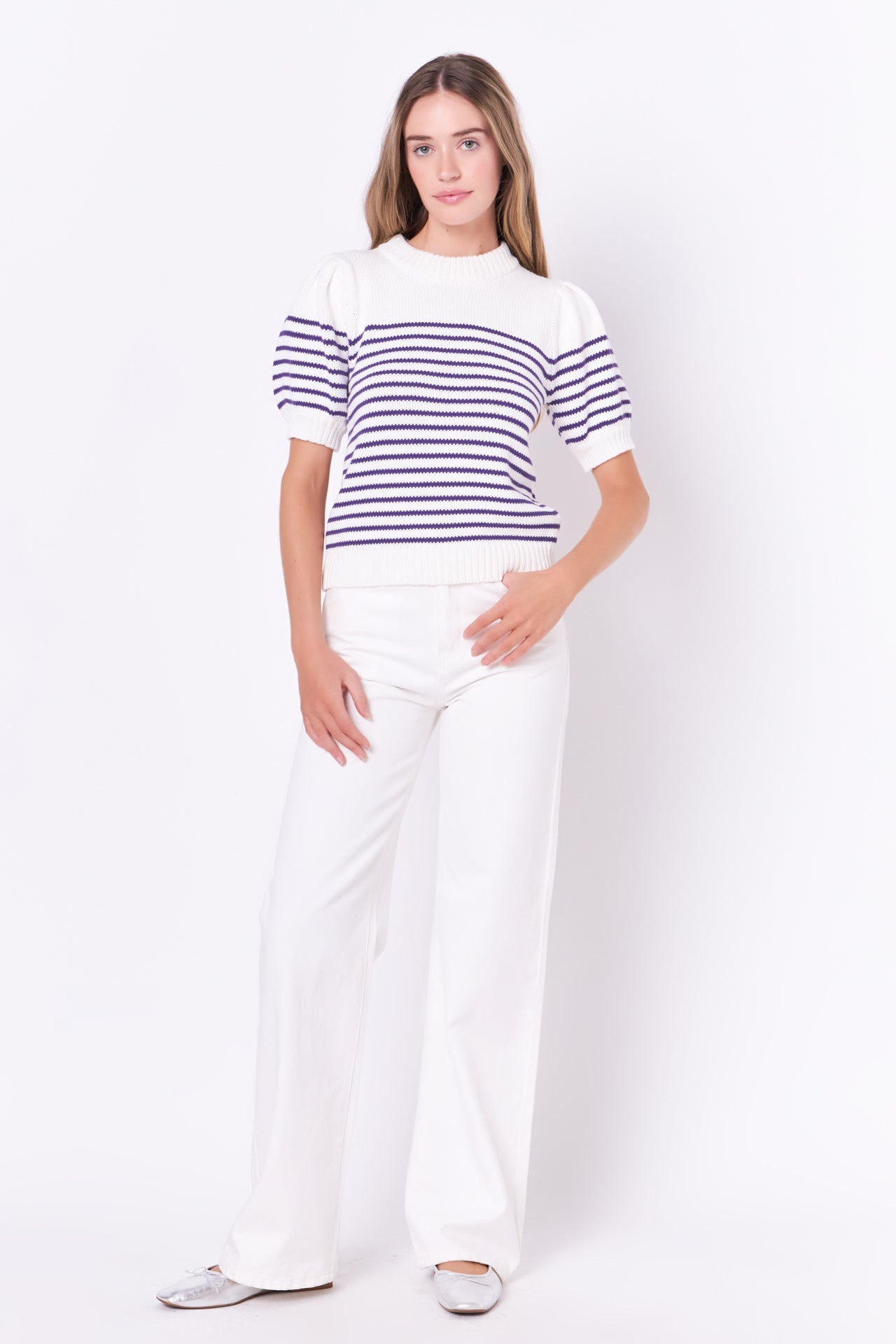 ENGLISH FACTORY - Stripe Short Puff Sleeve Sweater - SWEATERS & KNITS available at Objectrare
