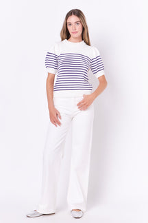 ENGLISH FACTORY - Stripe Short Puff Sleeve Sweater - SWEATERS & KNITS available at Objectrare