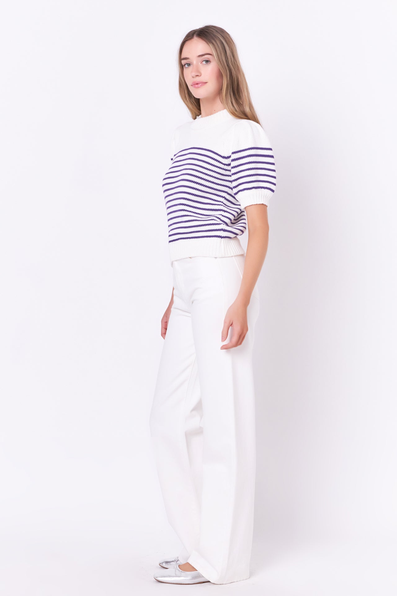 ENGLISH FACTORY - Stripe Short Puff Sleeve Sweater - SWEATERS & KNITS available at Objectrare